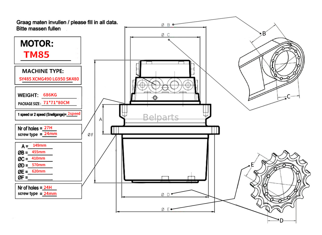 Belparts Excavator Travel Motor assy TM85 SY485 XCM490 LG950 SK480 เครื่องขับเคลื่อนสุดท้าย Assy สําหรับ kobelco sany