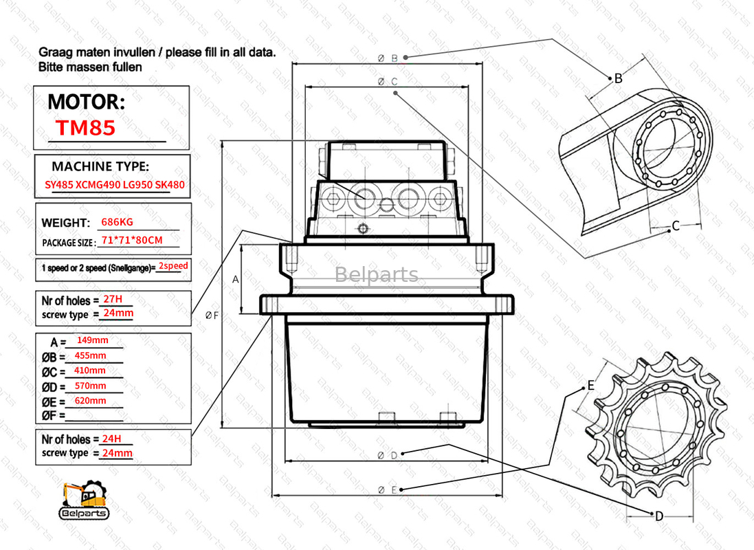 Belparts Excavator Travel Motor assy TM85 SY485 XCM490 LG950 SK480 เครื่องขับเคลื่อนสุดท้าย Assy สําหรับ kobelco sany