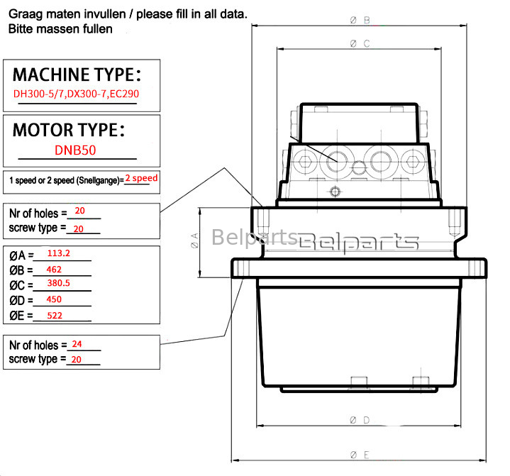 อะไหล่เครื่องขุด Doosan DX300-7 DH300-5 DH300-7 EC290 LG300