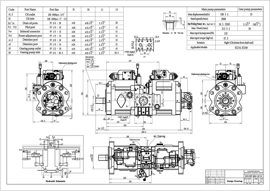 ปั๊มไฮดรอลิกสำหรับรถขุด VOLVO EC210 EC210B EC240 EC240B อะไหล่ SA 1142-00012 SA 8230-14650 SA 1142-00531 ปั๊มลูกสูบ Kawasaki K3V112DT-9N24-14T OEM